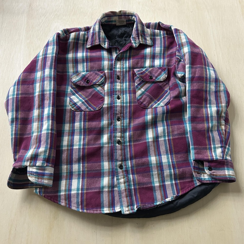 FiveBrother Flannel Shirt Mens Large Purple Plaid Lined Long Sleeve Button Up